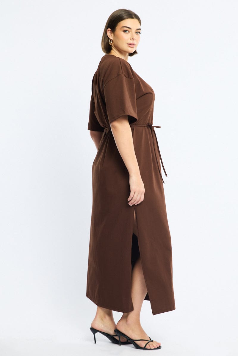 Brown Maxi Dress Short Sleeve Self Tie for YouandAll Fashion