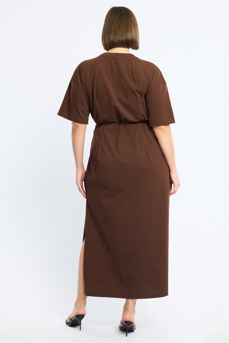 Brown Maxi Dress Short Sleeve Self Tie for YouandAll Fashion