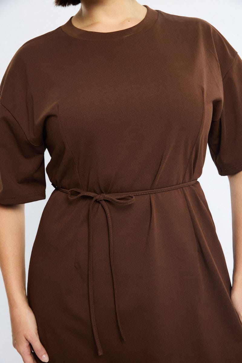 Brown Maxi Dress Short Sleeve Self Tie for YouandAll Fashion