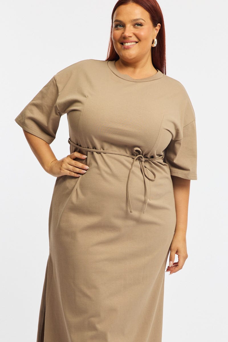 Brown Maxi Dress Short Sleeve Self Tie for YouandAll Fashion