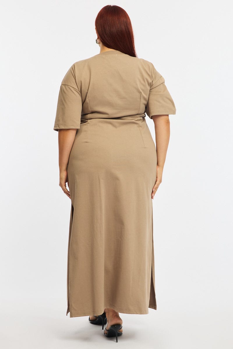 Brown Maxi Dress Short Sleeve Self Tie for YouandAll Fashion