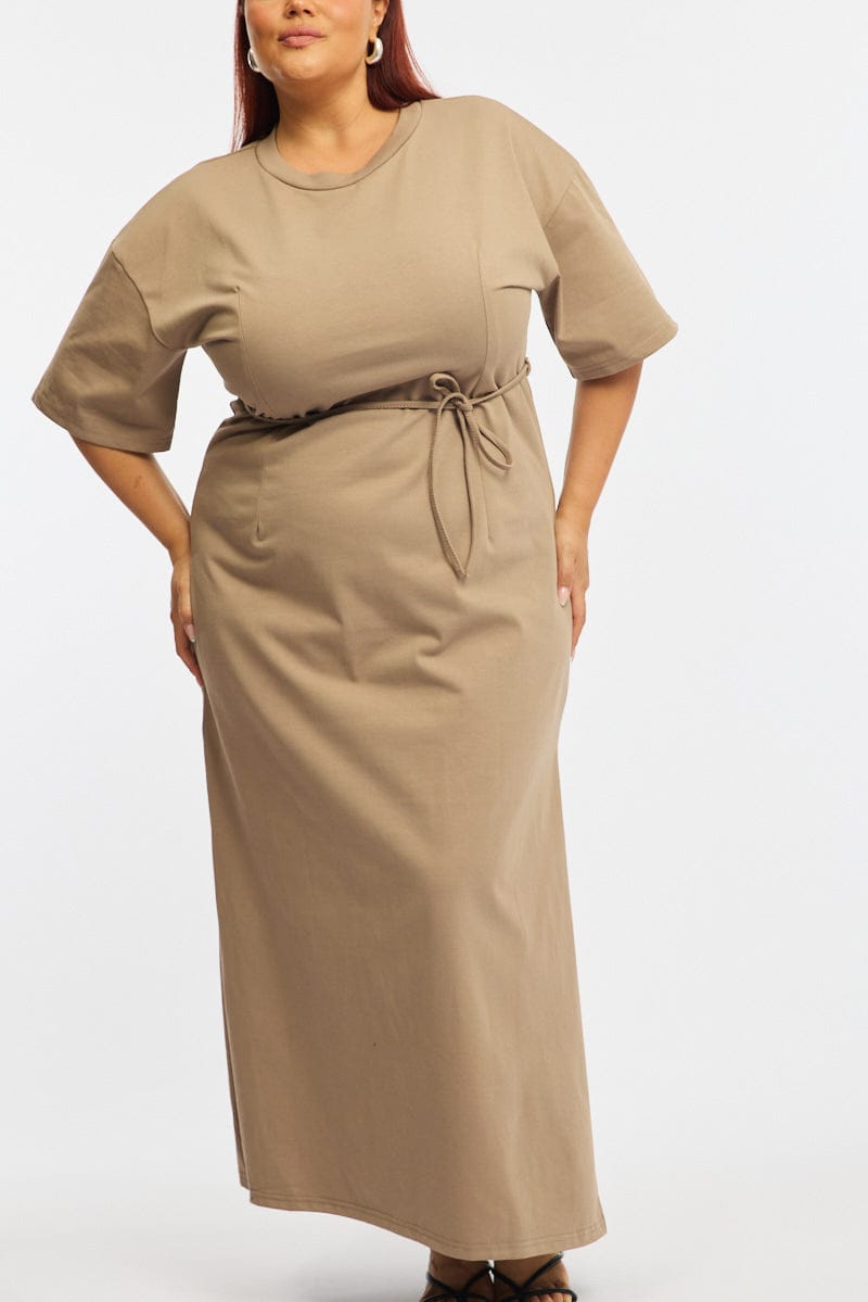 Brown Maxi Dress Short Sleeve Self Tie for YouandAll Fashion