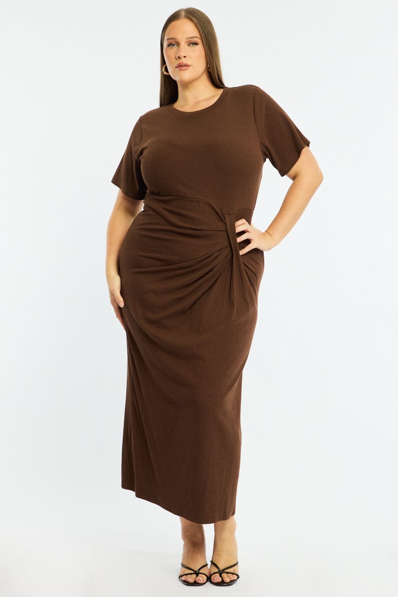Brown Maxi Dress Short Sleeve Twisted Waist Rib for YouandAll Fashion