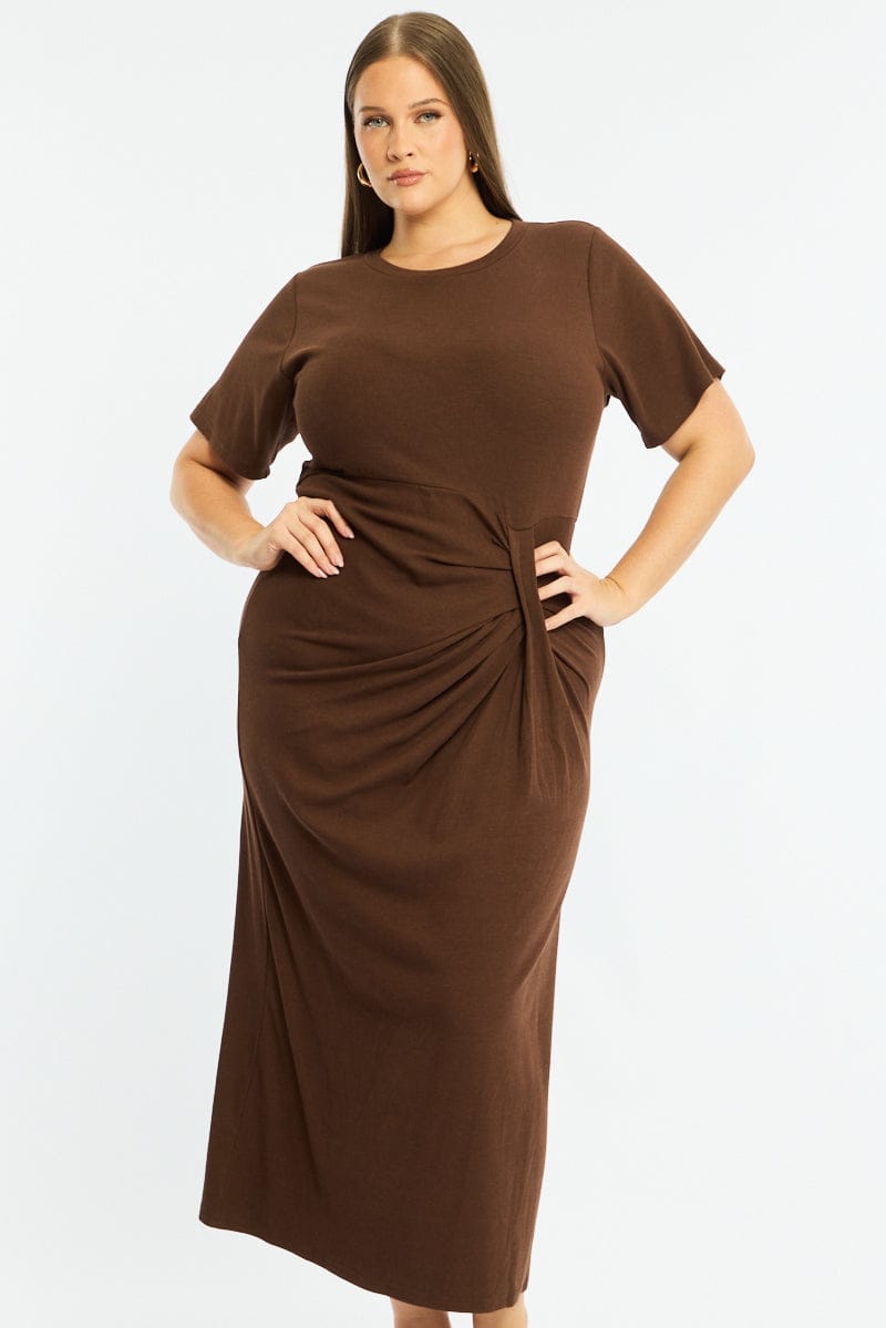 Brown Maxi Dress Short Sleeve Twisted Waist Rib for YouandAll Fashion