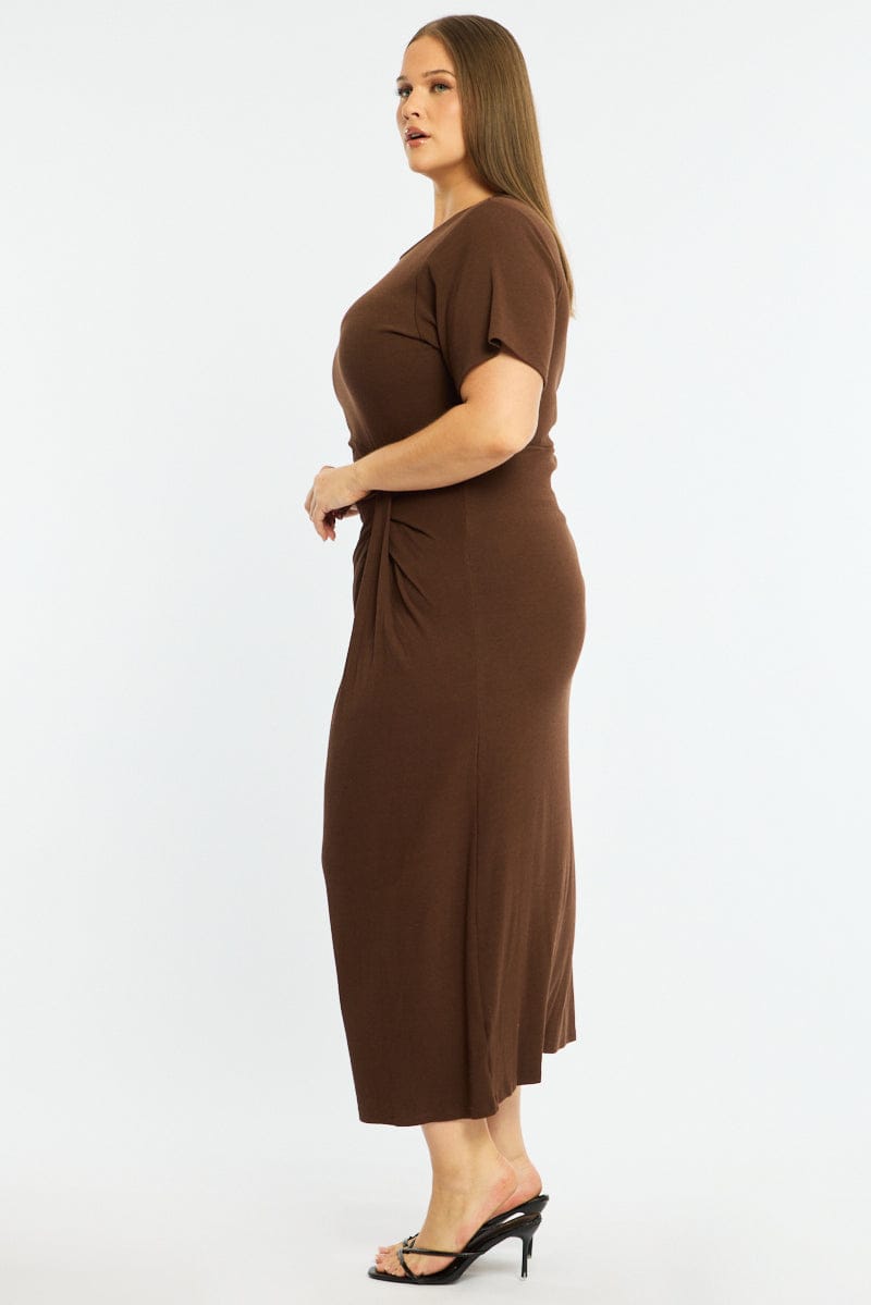 Brown Maxi Dress Short Sleeve Twisted Waist Rib for YouandAll Fashion