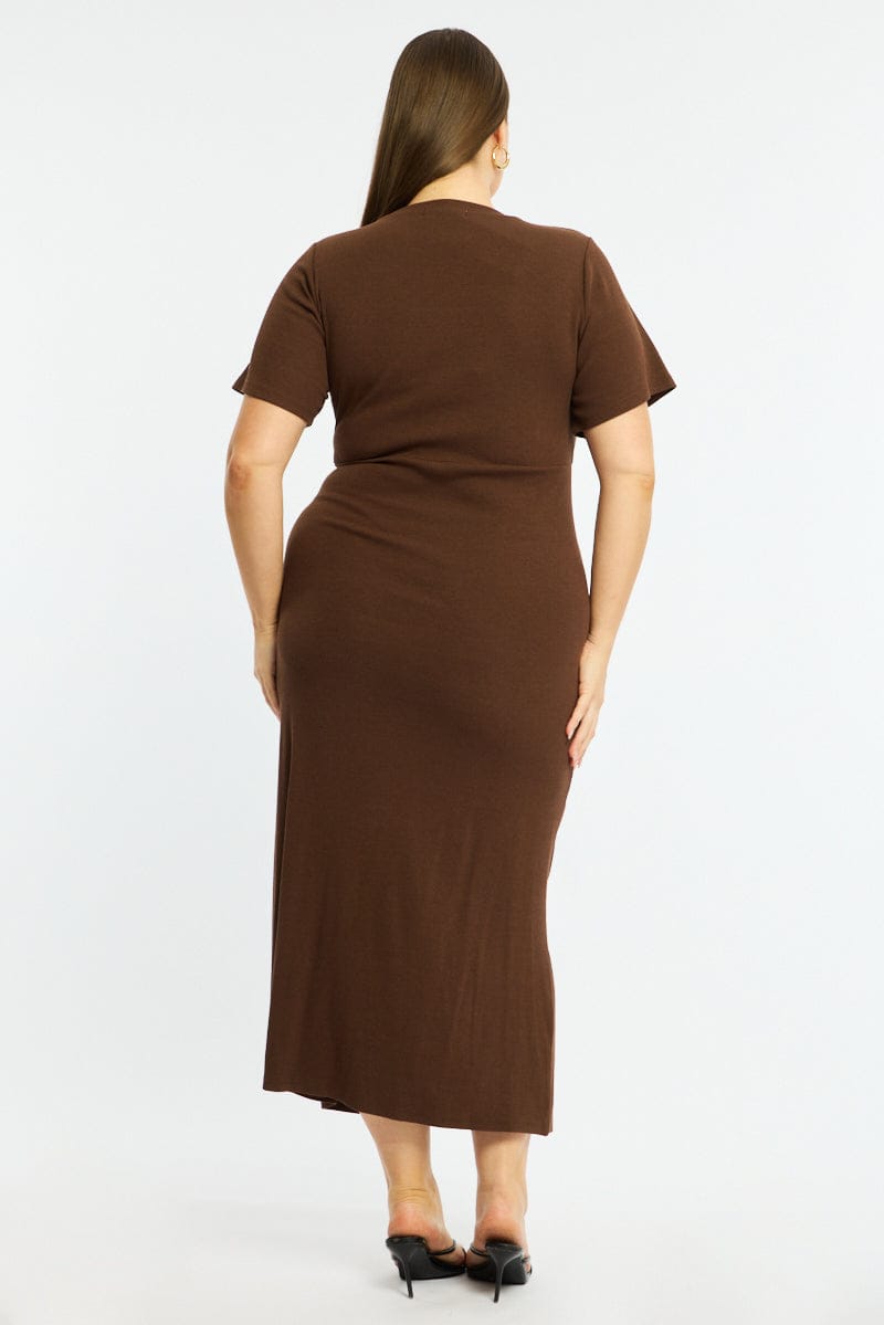 Brown Maxi Dress Short Sleeve Twisted Waist Rib for YouandAll Fashion