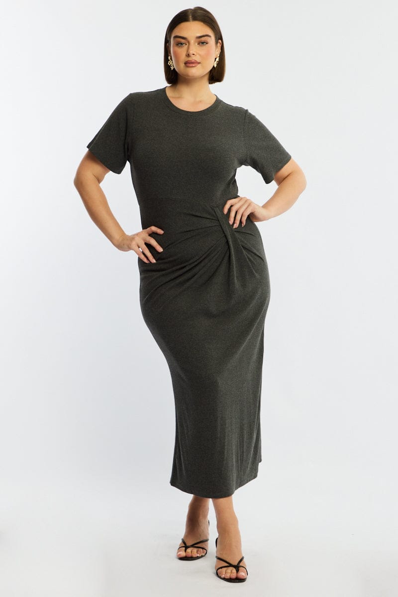 Grey Maxi Dress Short Sleeve Twisted Waist Rib for YouandAll Fashion
