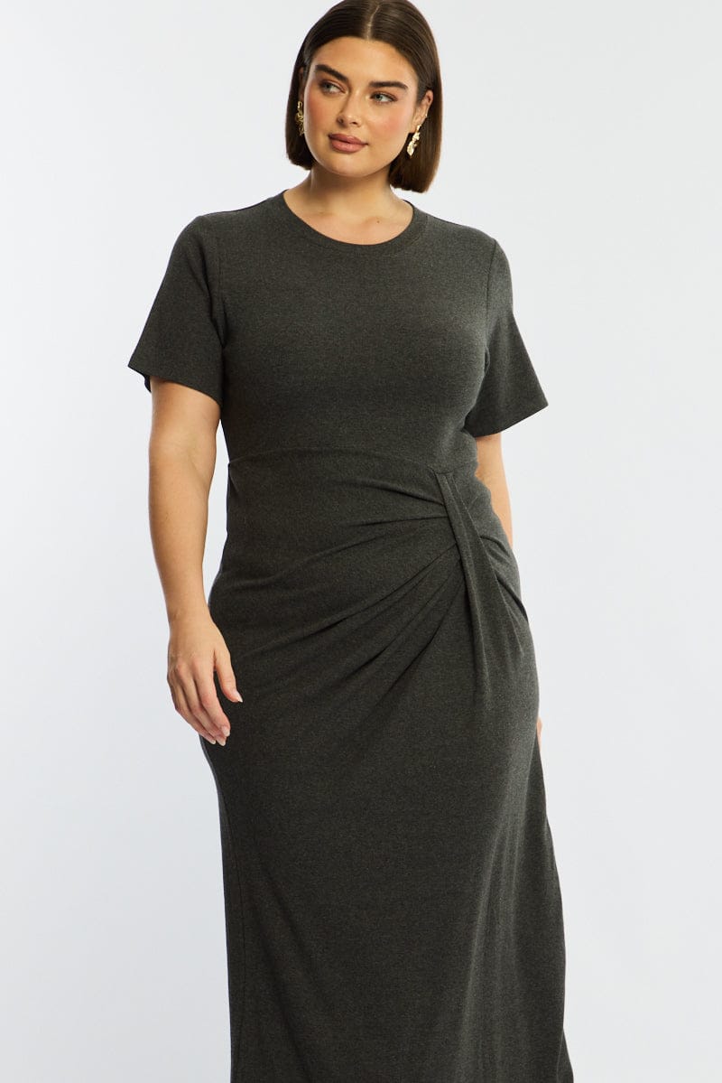Grey Maxi Dress Short Sleeve Twisted Waist Rib for YouandAll Fashion