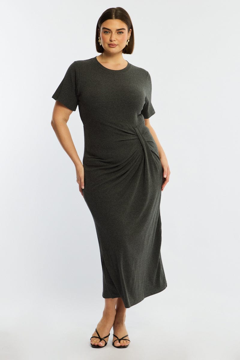 Grey Maxi Dress Short Sleeve Twisted Waist Rib for YouandAll Fashion