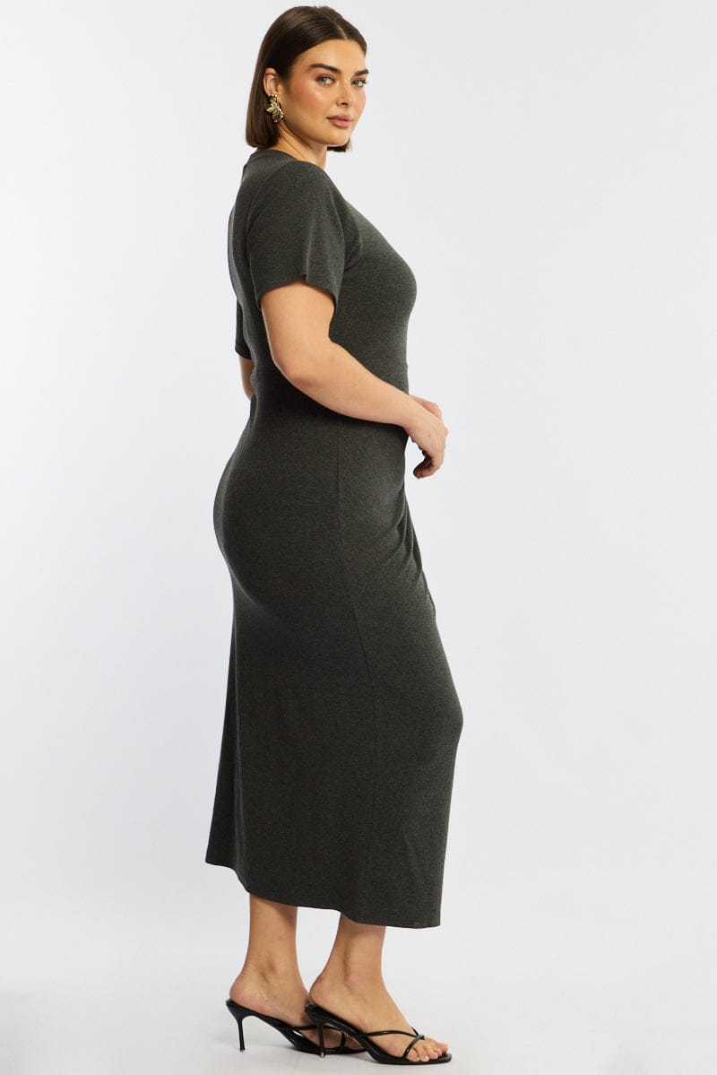 Grey Maxi Dress Short Sleeve Twisted Waist Rib for YouandAll Fashion