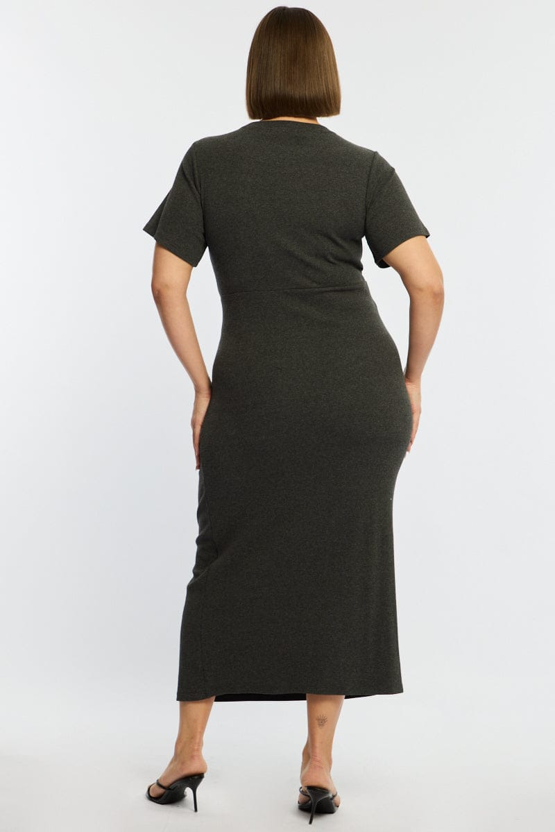 Grey Maxi Dress Short Sleeve Twisted Waist Rib for YouandAll Fashion