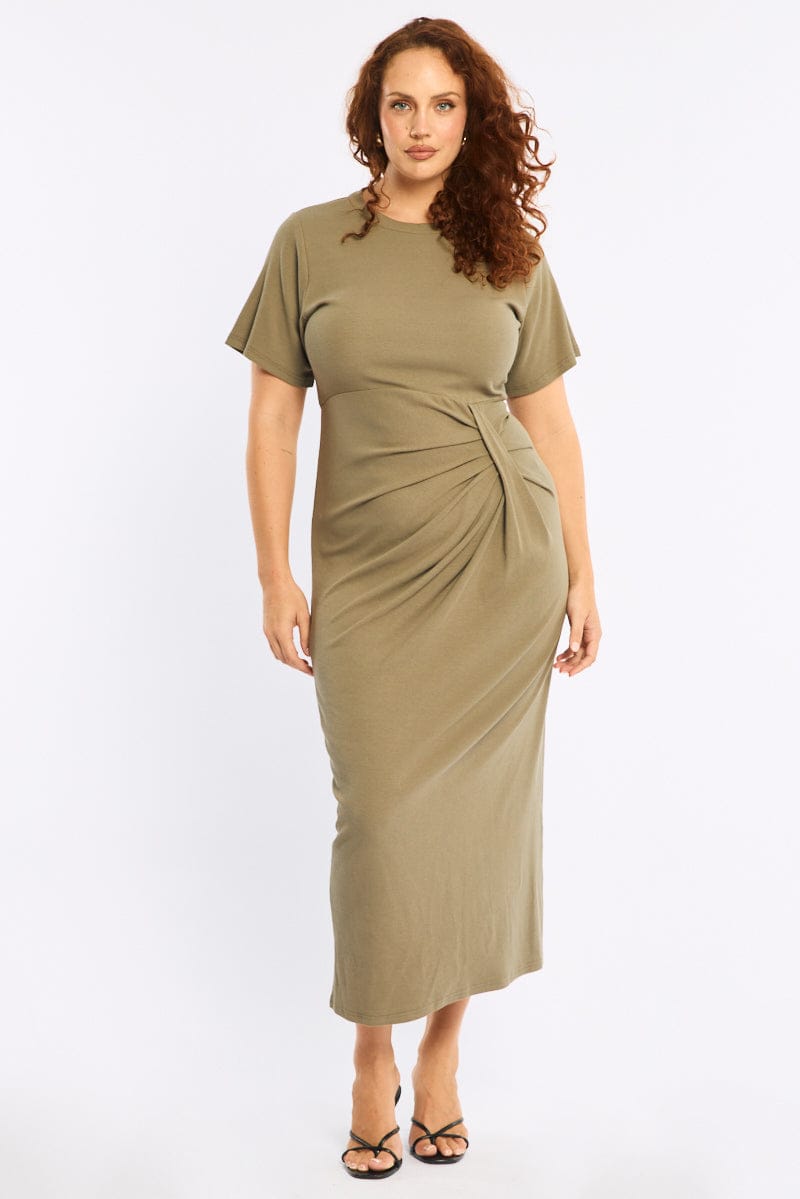 Green Maxi Dress Short Sleeve Twisted Waist Rib for YouandAll Fashion