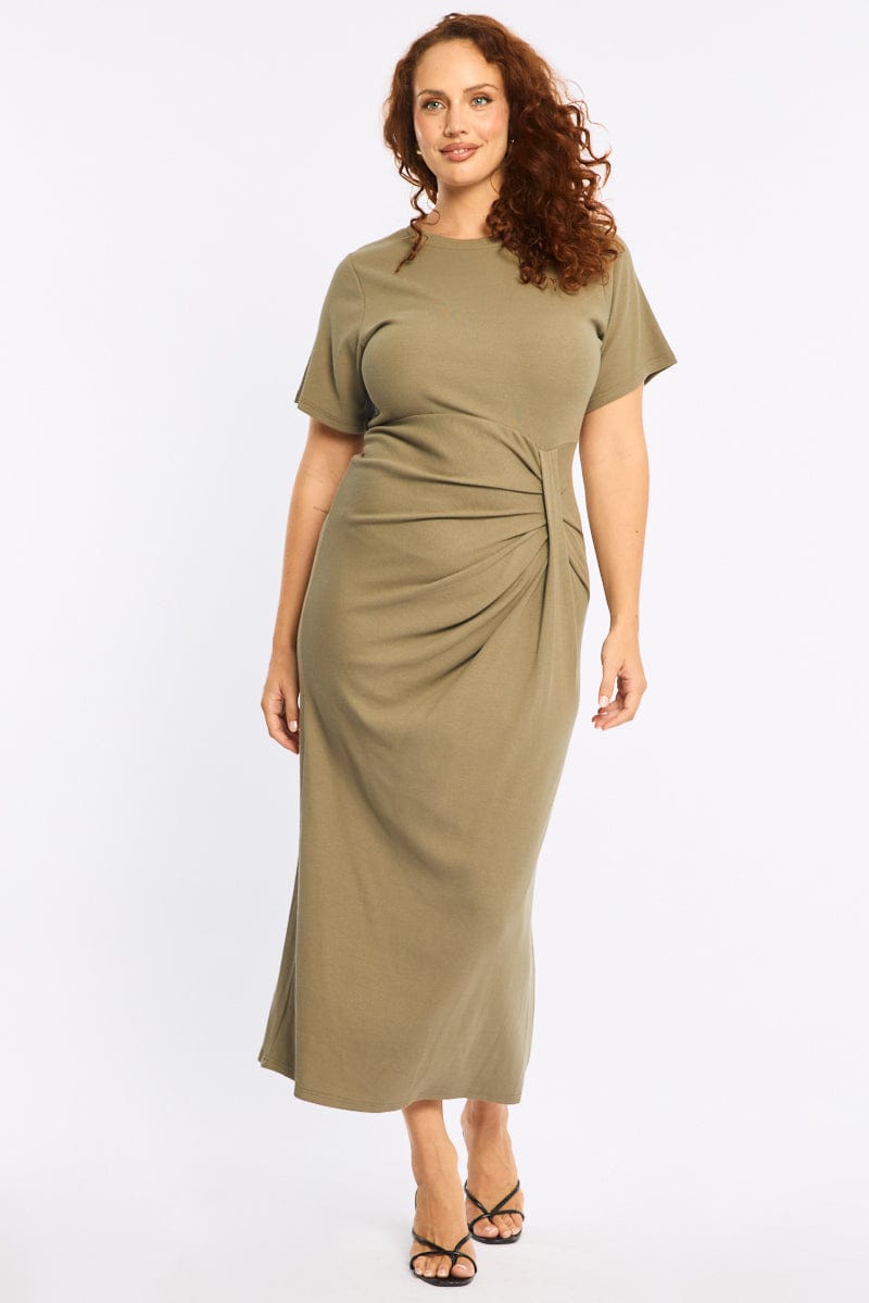 Green Maxi Dress Short Sleeve Twisted Waist Rib for YouandAll Fashion
