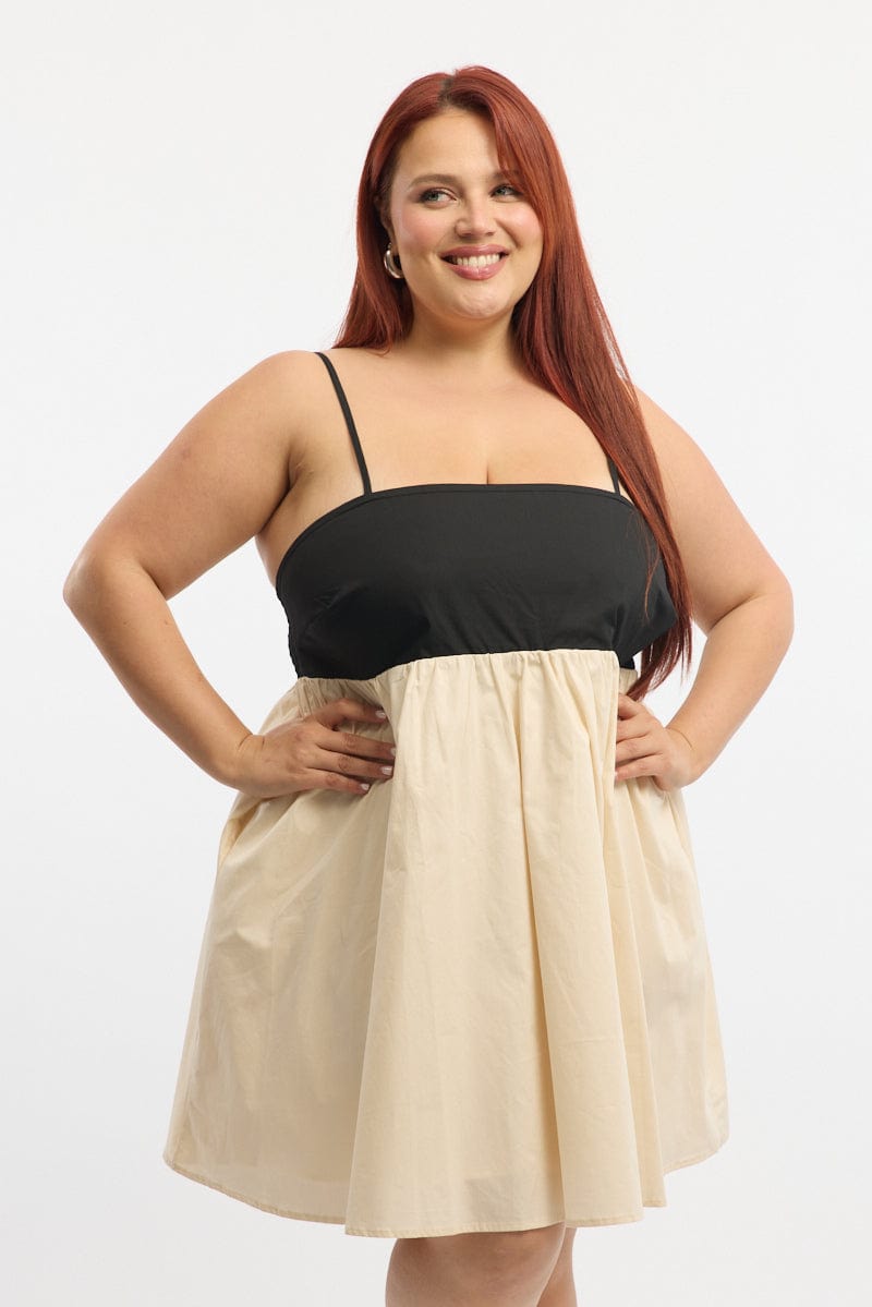 Black Babydoll Contrast Cotton Strappy Minidress for YouandAll Fashion