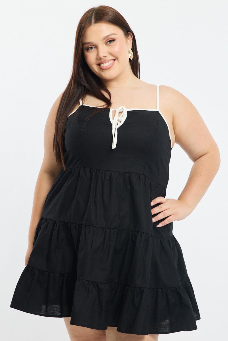 Black Tiered Mini Dress Sleeveless Contrast Ribbon for YouandAll Fashion