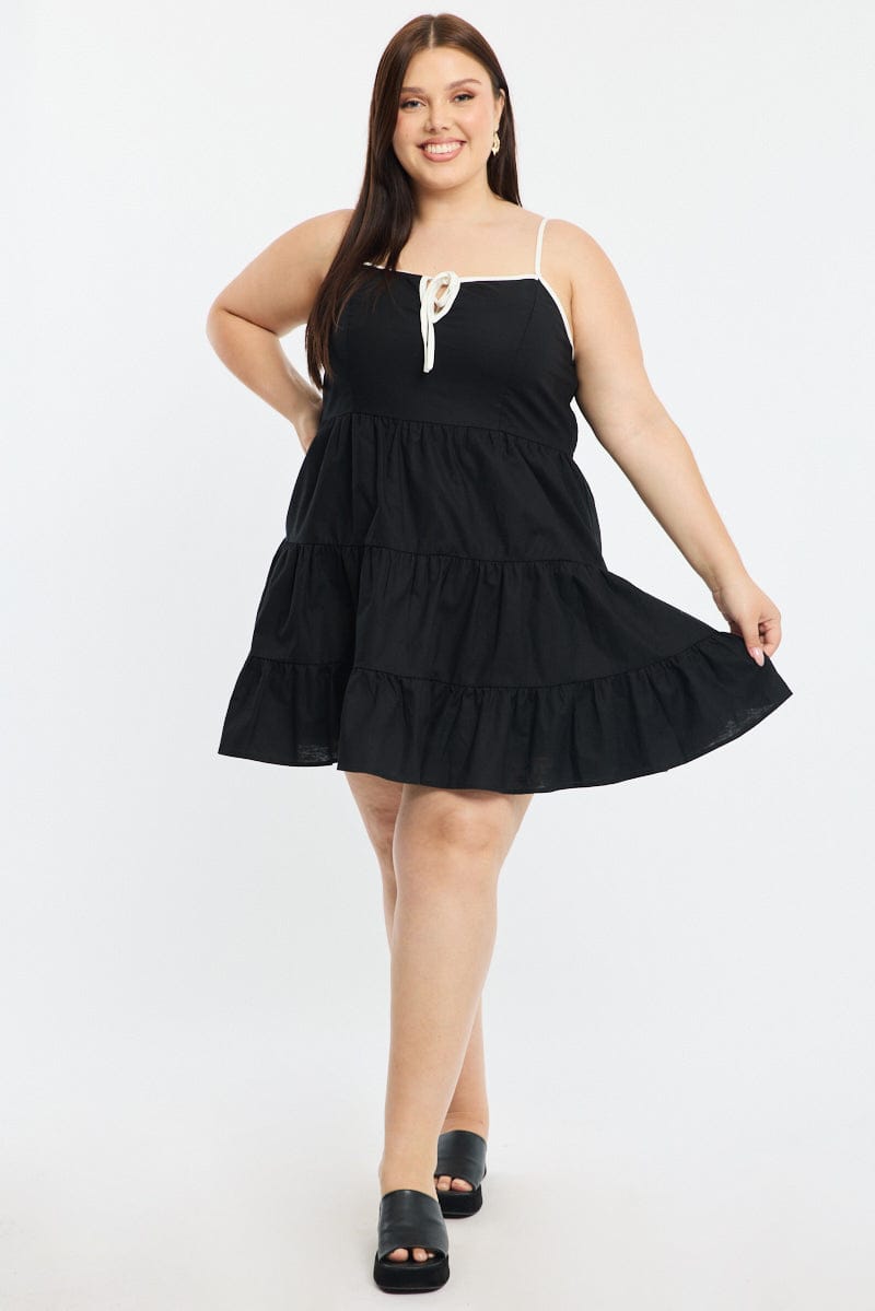 Black Tiered Mini Dress Sleeveless Contrast Ribbon for YouandAll Fashion