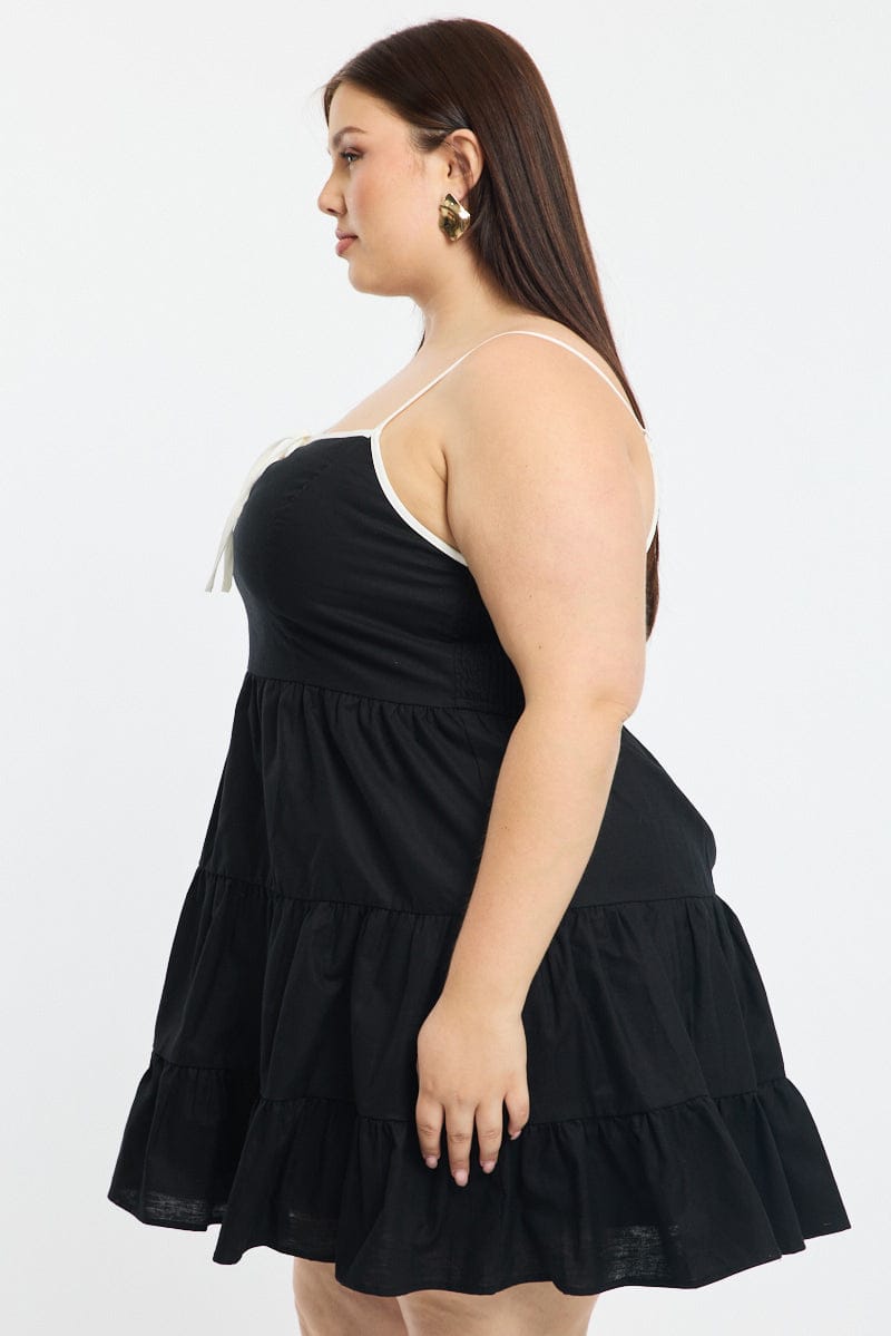 Black Tiered Mini Dress Sleeveless Contrast Ribbon | You & All Black Tiered Mini Dress Sleeveless Contrast Ribbon | You & All