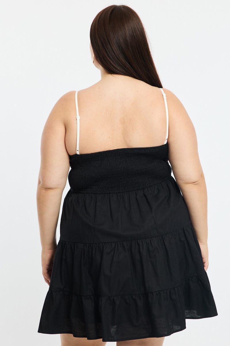 Black Tiered Mini Dress Sleeveless Contrast Ribbon for YouandAll Fashion