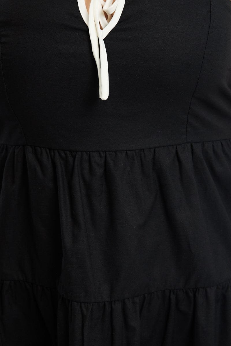 Black Tiered Mini Dress Sleeveless Contrast Ribbon for YouandAll Fashion