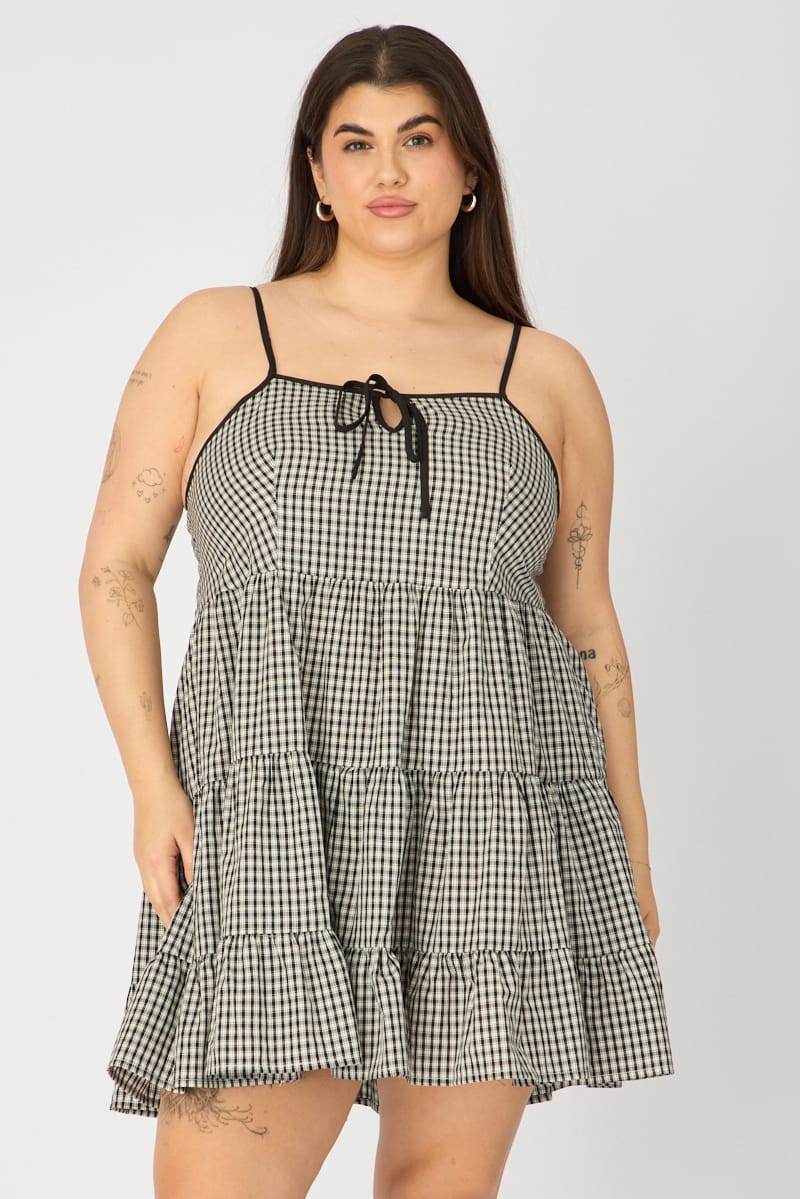 Black Check Smock Dress Sleeveless Tiered for YouandAll Fashion