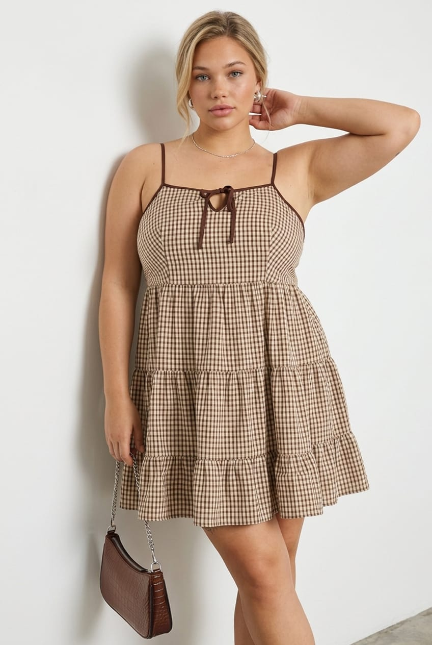 Brown Check Smock Dress Sleeveless Tiered for YouandAll Fashion