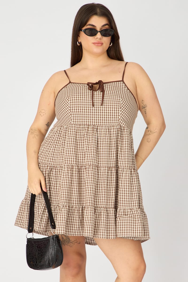 Brown Check Smock Dress Sleeveless Tiered for YouandAll Fashion