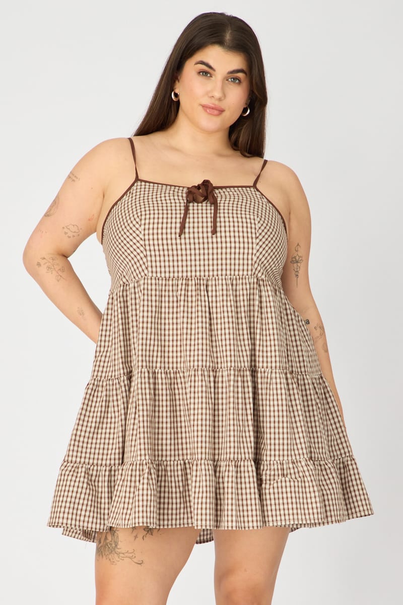 Brown Check Smock Dress Sleeveless Tiered for YouandAll Fashion