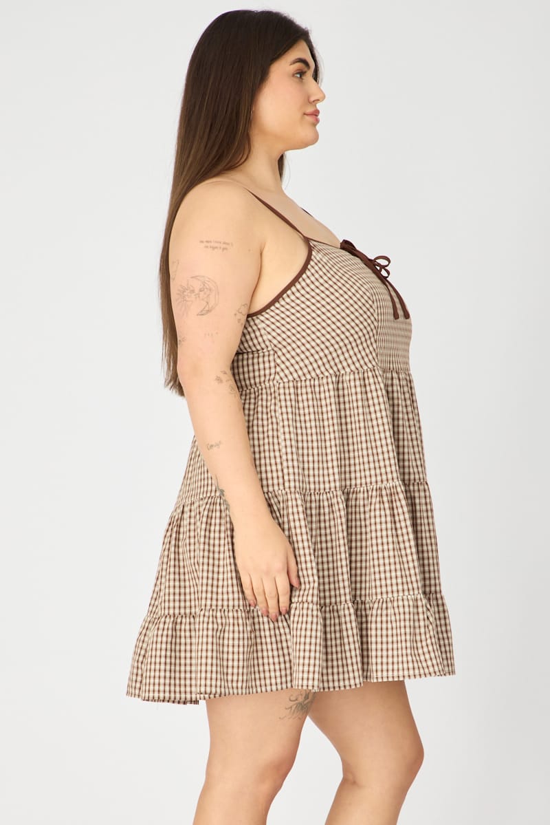 Brown Check Smock Dress Sleeveless Tiered for YouandAll Fashion