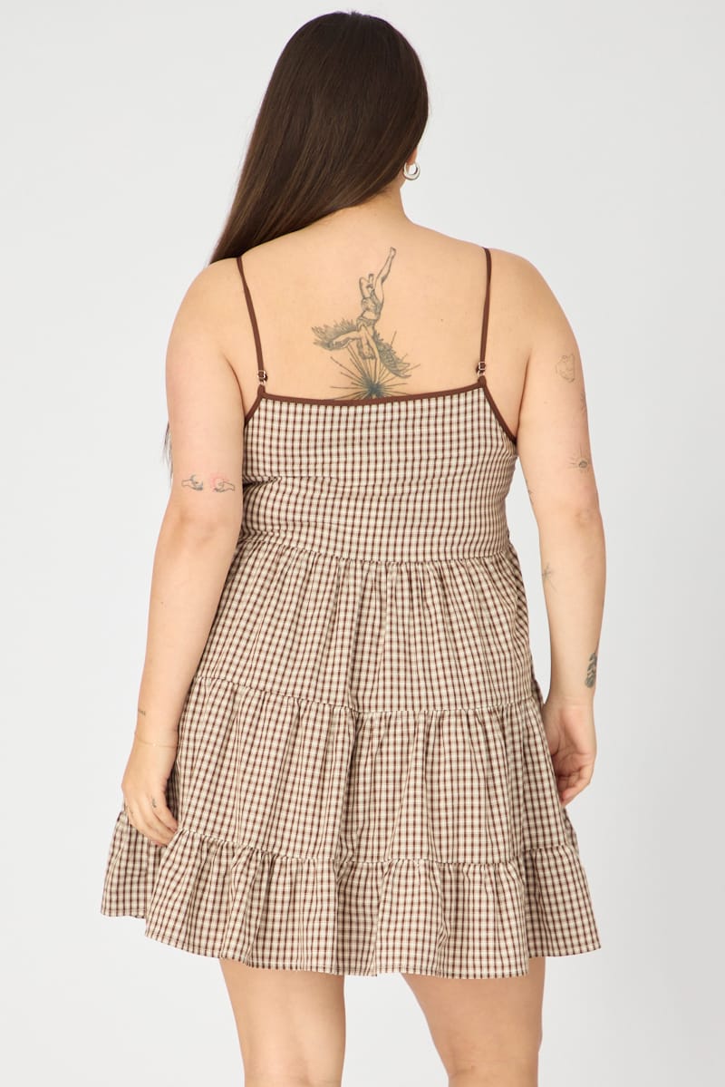 Brown Check Smock Dress Sleeveless Tiered for YouandAll Fashion