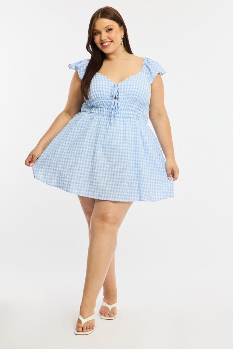 Blue Check Skater Dress Short Sleeve for YouandAll Fashion