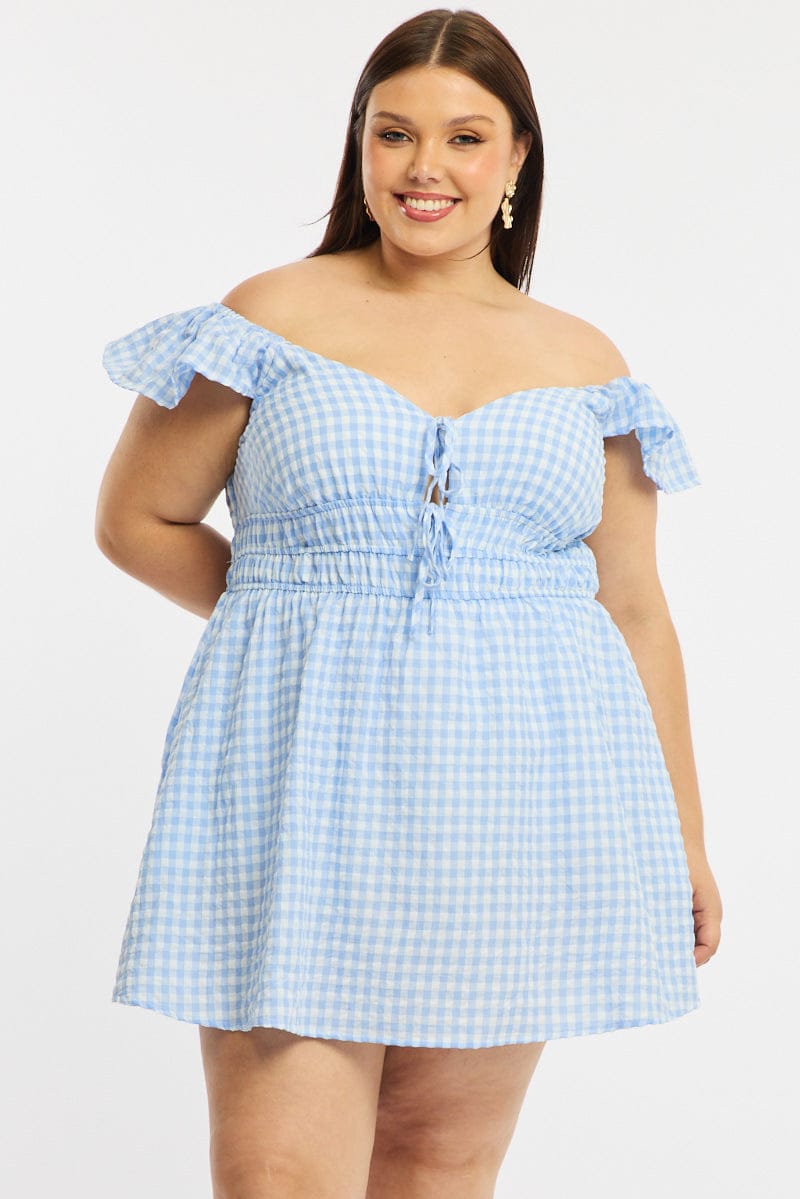 Blue Check Skater Dress Short Sleeve for YouandAll Fashion