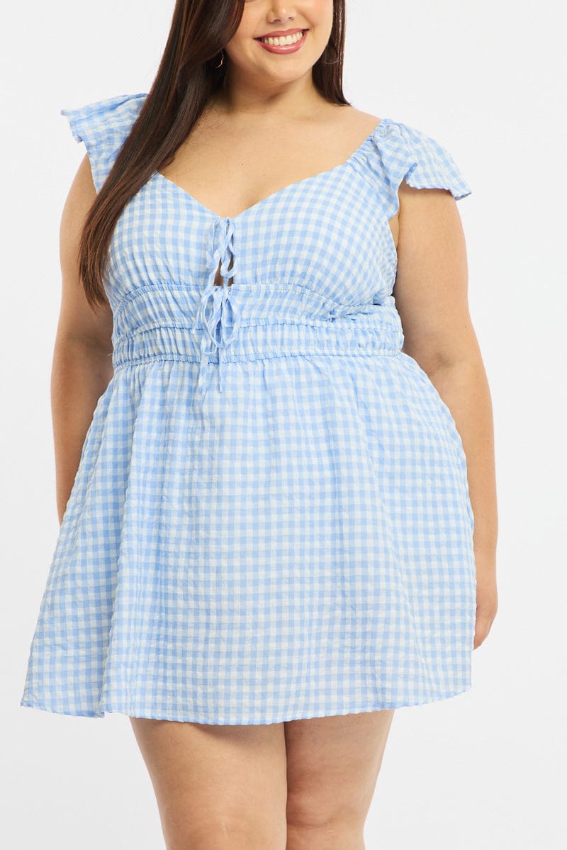 Blue Check Skater Dress Short Sleeve for YouandAll Fashion