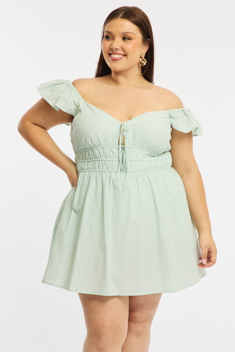 Green Stripe Skater Dress Short Sleeve for YouandAll Fashion