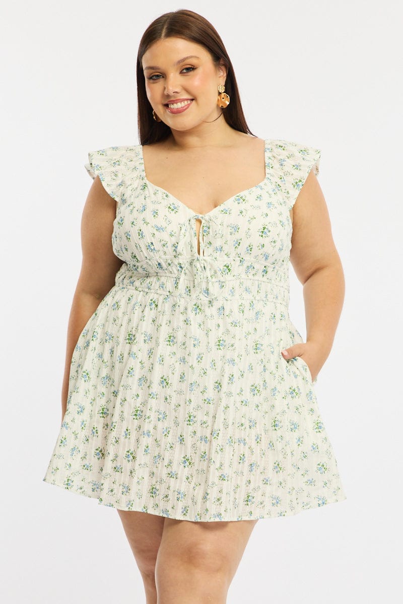 White Ditsy Skater Dress Short Sleeve Cotton Textured for YouandAll Fashion