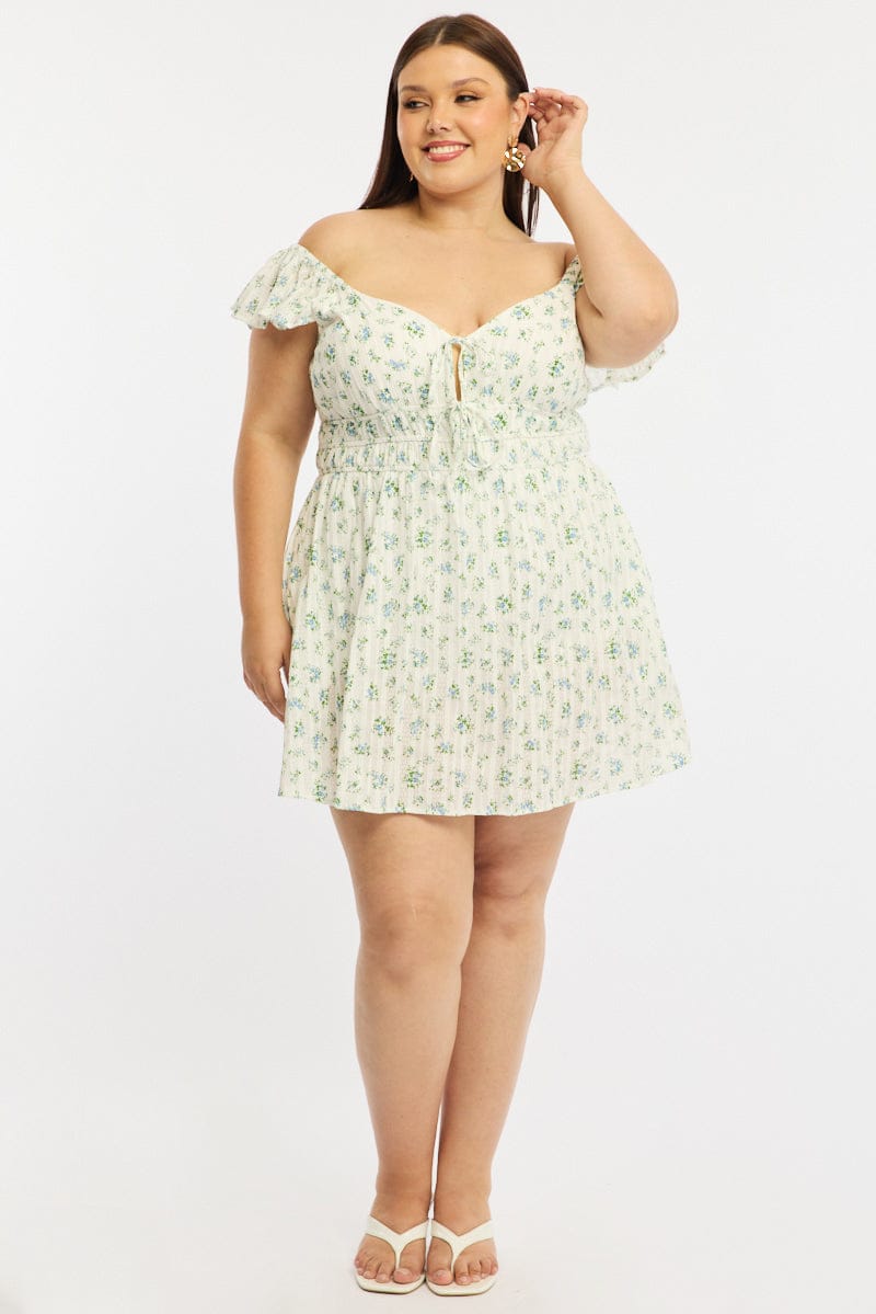 White Ditsy Skater Dress Short Sleeve Cotton Textured for YouandAll Fashion