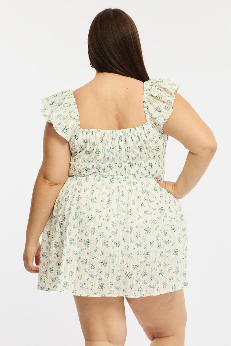 White Ditsy Skater Dress Short Sleeve Cotton Textured for YouandAll Fashion