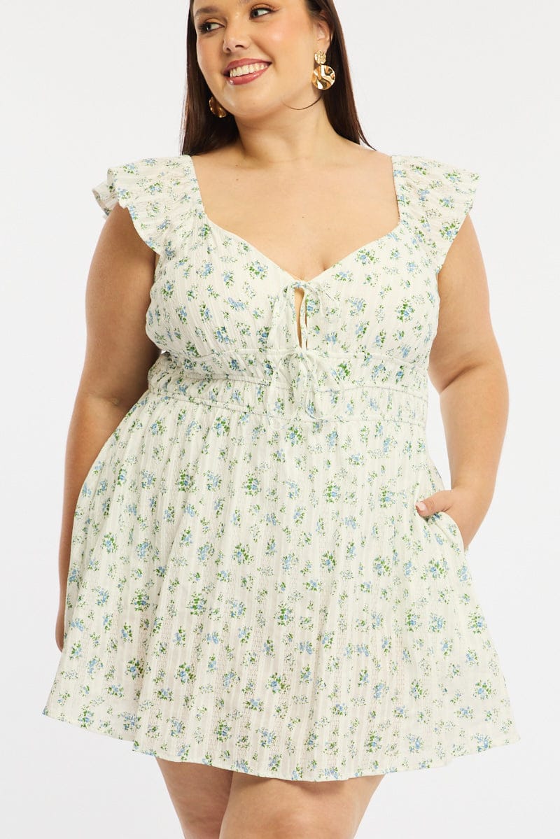 White Ditsy Skater Dress Short Sleeve Cotton Textured for YouandAll Fashion