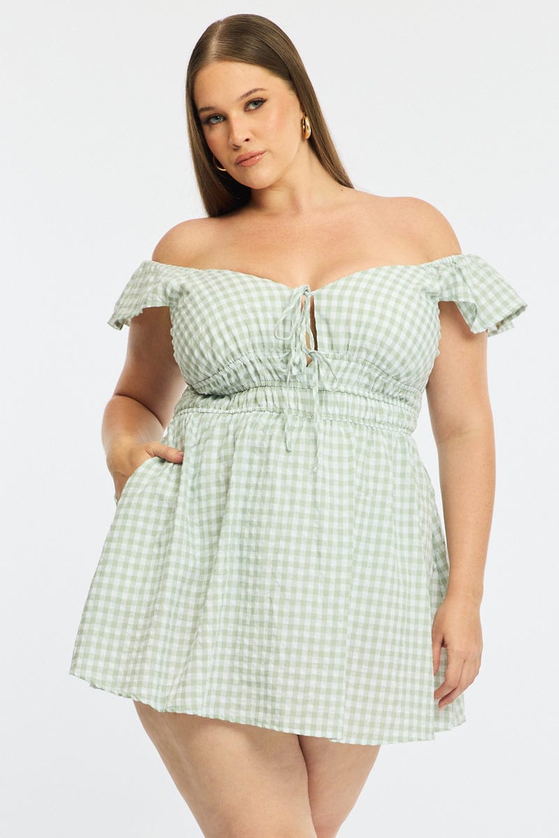 Green Check Skater Dress Short Sleeve for YouandAll Fashion