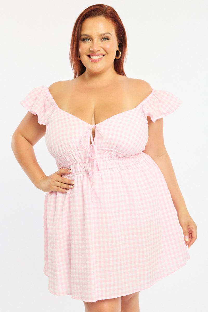 Pink Check Skater Dress Short Sleeve for YouandAll Fashion