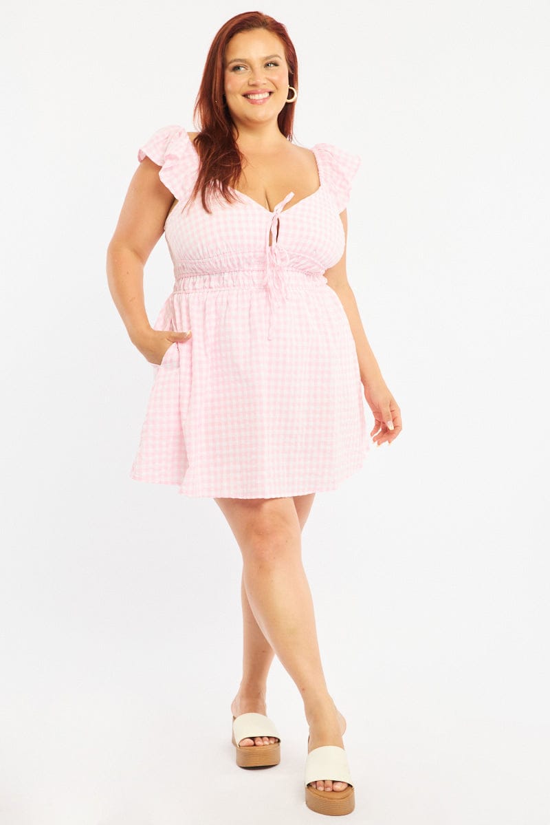 Pink Check Skater Dress Short Sleeve for YouandAll Fashion