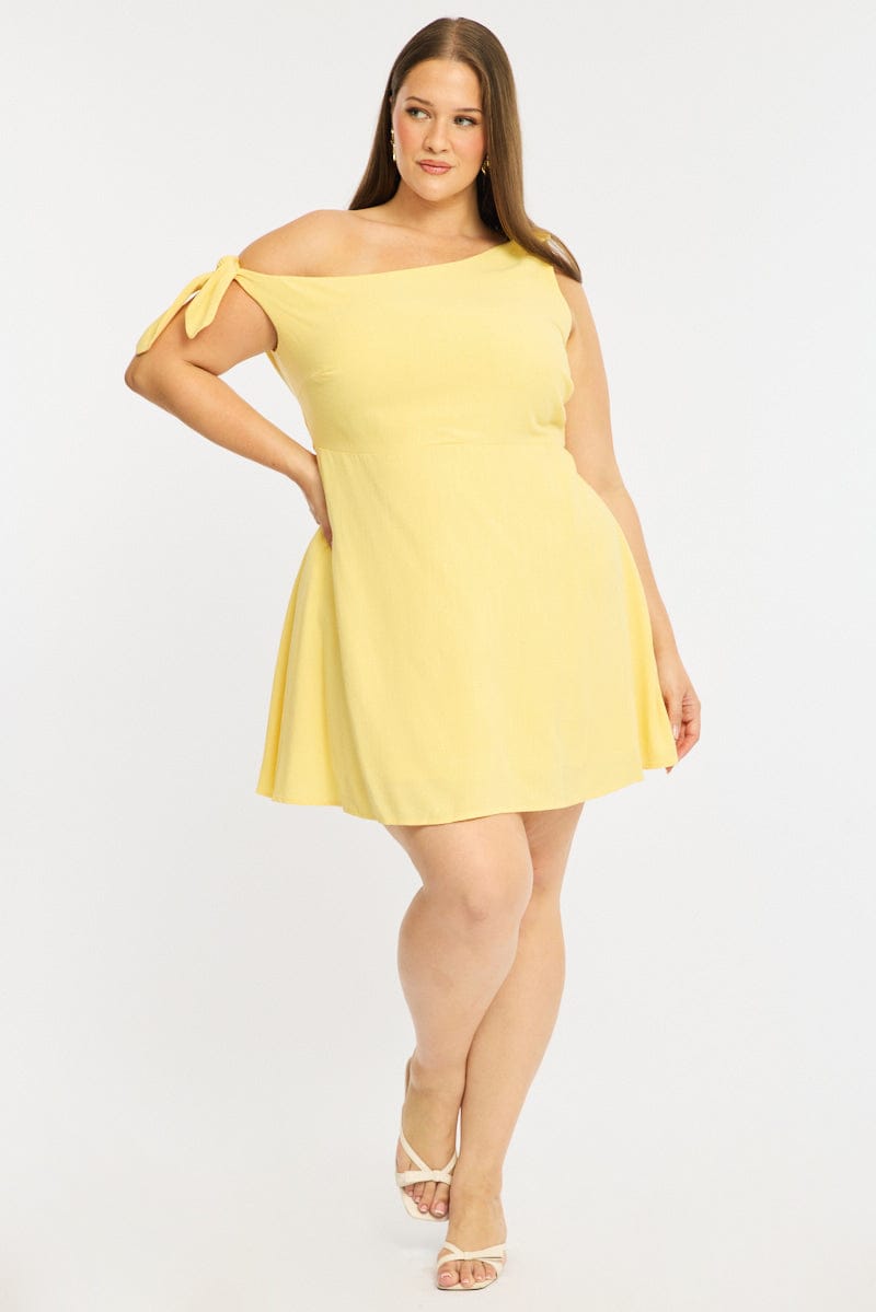Yellow Off Shoulder Dress Linen Blend for YouandAll Fashion