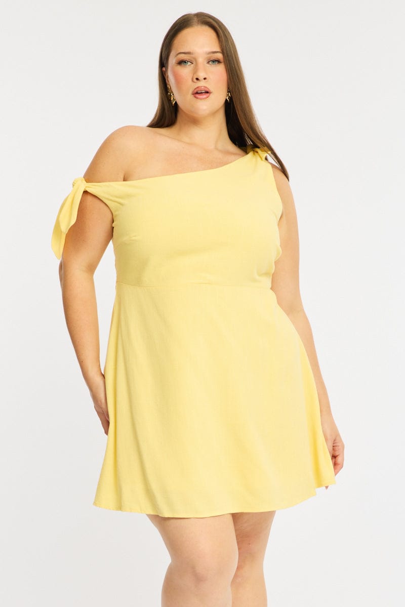 Yellow Off Shoulder Dress Linen Blend for YouandAll Fashion
