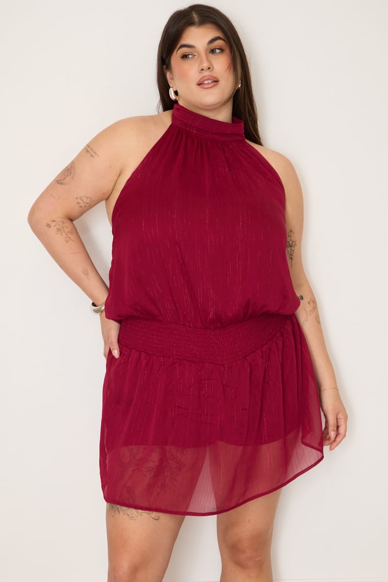 Red Halter Neck Dress Sleeveless Chiffon for YouandAll Fashion