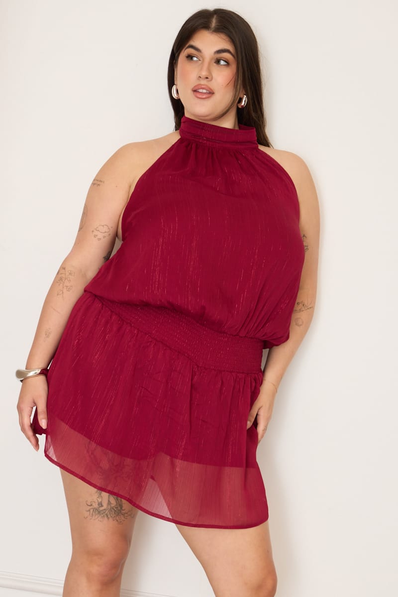 Red Halter Neck Dress Sleeveless Chiffon for YouandAll Fashion