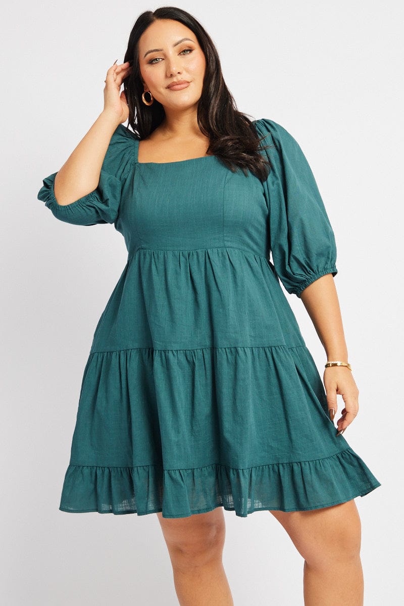 Green Square Neck Puff Sleeve Minidress for YouandAll Fashion