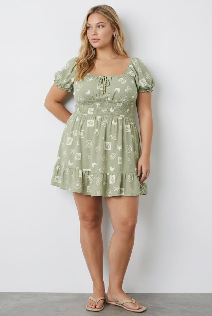 Green Abstract Skater Dress Short Sleeve Ruched Bust for YouandAll Fashion