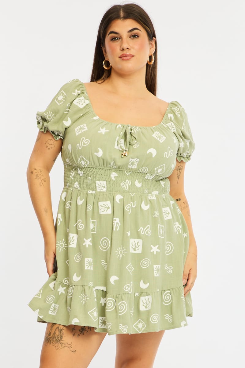 Green Abstract Skater Dress Short Sleeve Ruched Bust for YouandAll Fashion