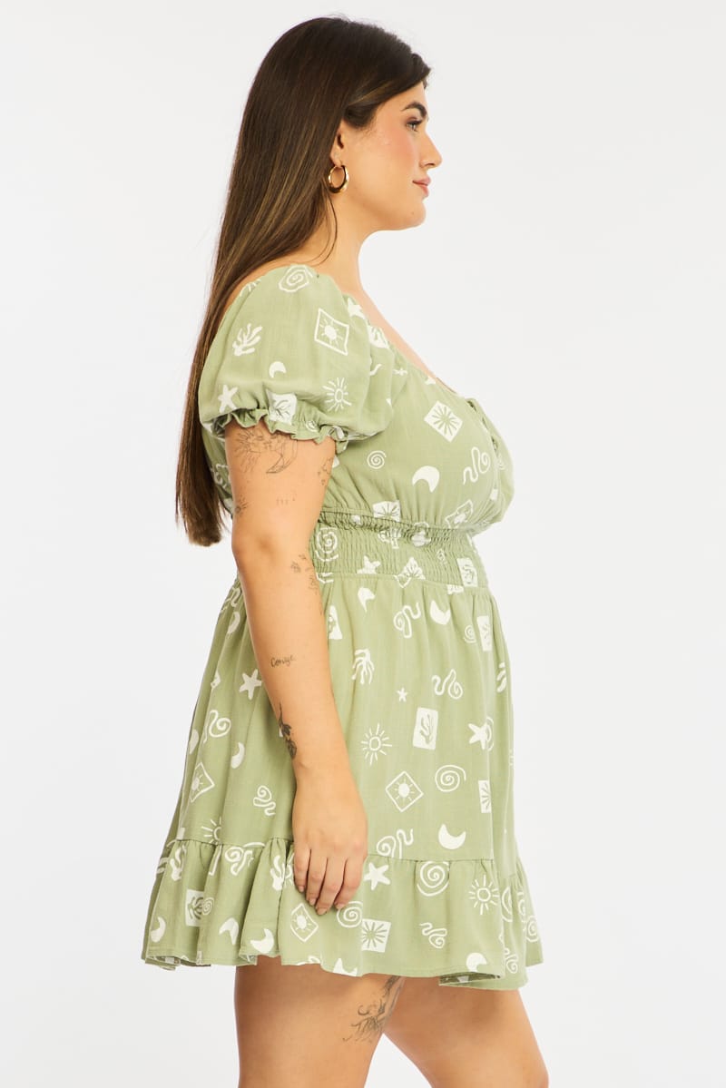 Green Abstract Skater Dress Short Sleeve Ruched Bust for YouandAll Fashion