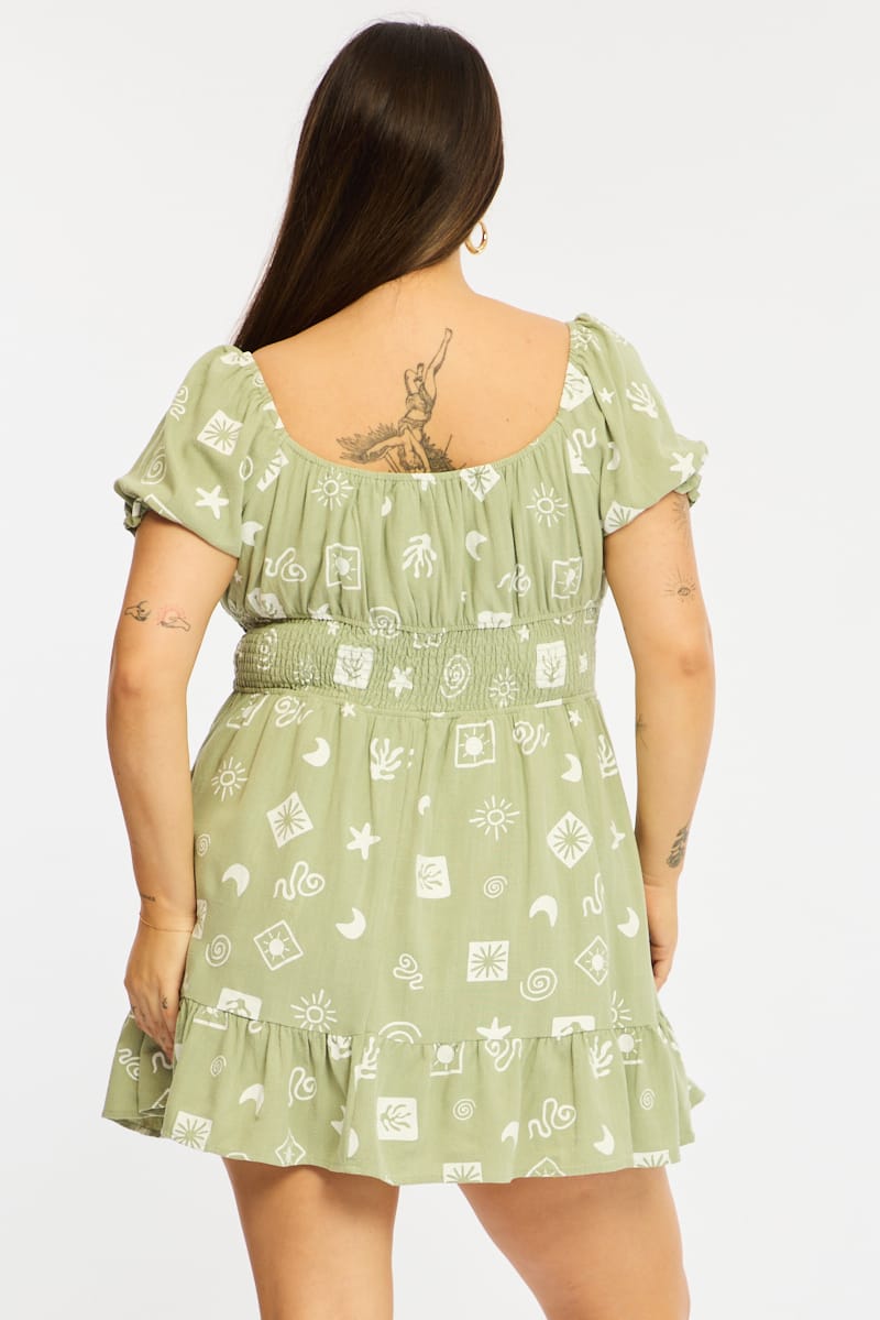 Green Abstract Skater Dress Short Sleeve Ruched Bust for YouandAll Fashion