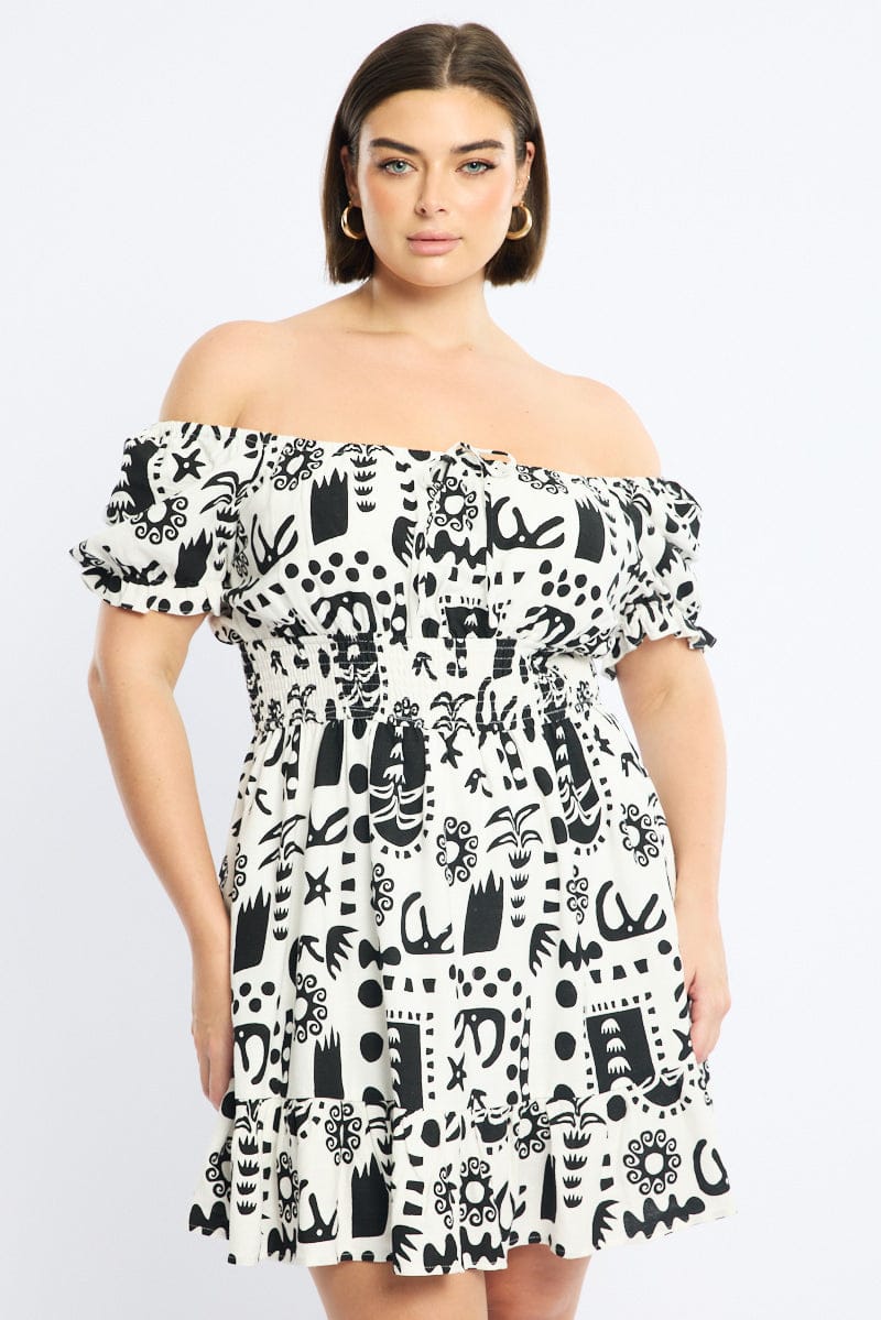 White Abstract Skater Dress Short Sleeve Ruched Bust for YouandAll Fashion
